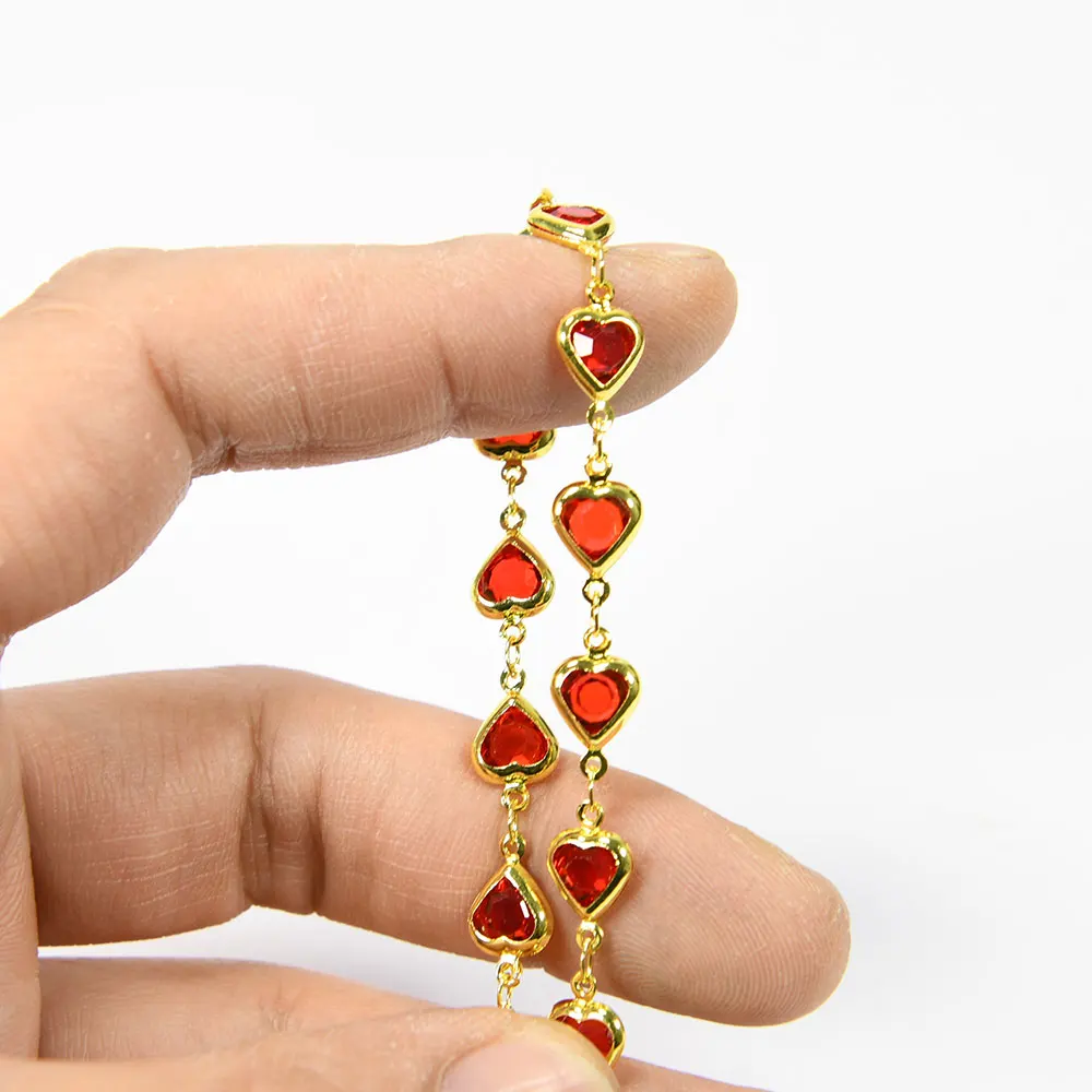 APDGG  5 Meters 7.5mm Red Glass Heart Crystal Gold Plated Copper Fashion Bezel Set Chain Paperclip Neck Necklace Making DIY