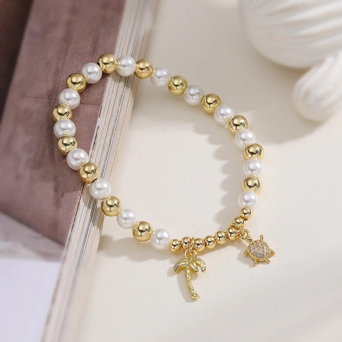 NEWBUY جديد وصول تقليد حبات اللؤلؤ أساور الذهب اللون السلاحف شجرة جوز الهند مجوهرات فام بيجو