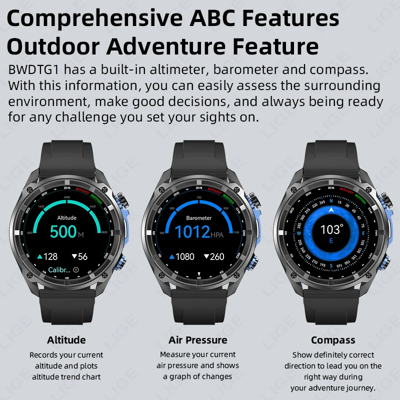 LIGE Built-in GPS Smart Watch Offline Map 860mAh 4GB Men Compass Barometric Altimeter Flashlight 1.43" AMOLED Voice Call Watches