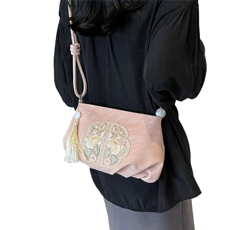 Women PU Leather Bag Embroidery Shoulder Bag Chinese Crossbody Bag Fashion Cloud Bag for Daily