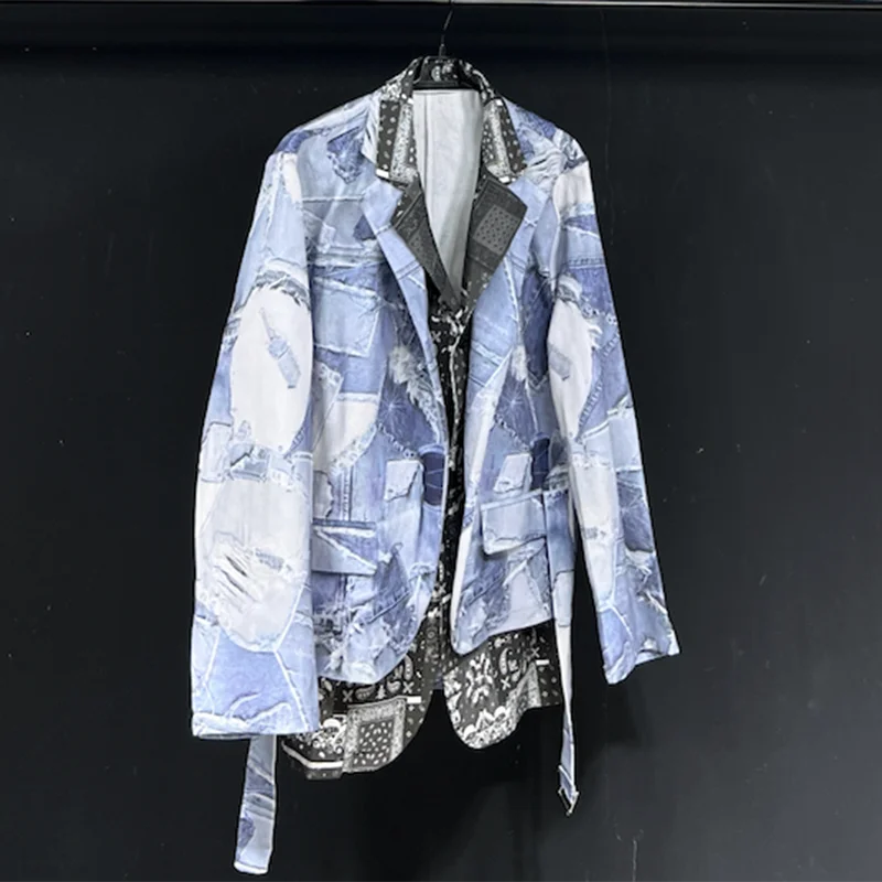 PFHQ Design Denim Printed Fake 2 Pieces Light Blue Casual Suit Loose Suit Autumn Contrast Color Male Blazer 21Z5938
