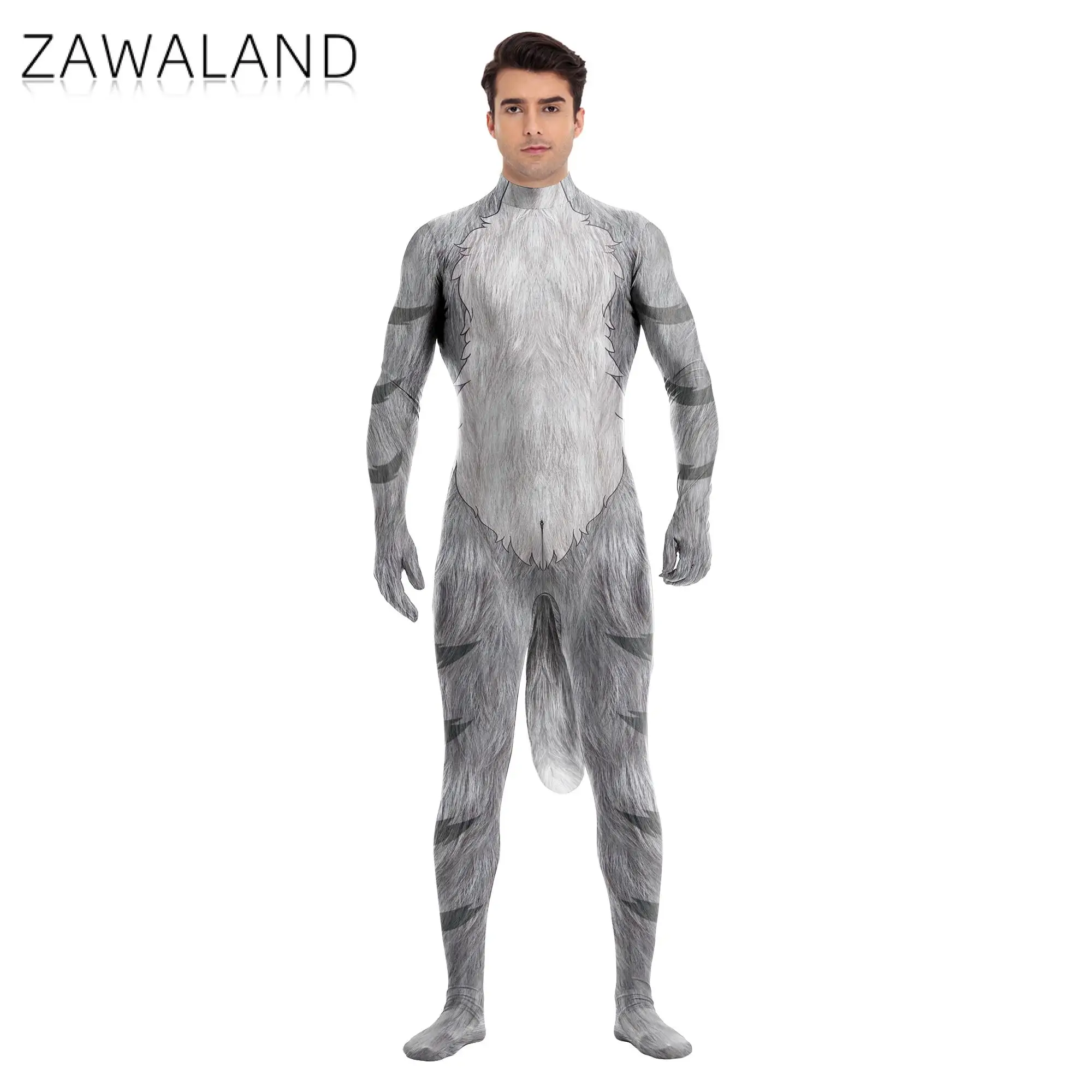 Zawaland Men Furry Petsuit Carnival Purim Cosplay Costume Animal Fancy Bodysuit Festival Party Disguise Catsuit Show Clothes
