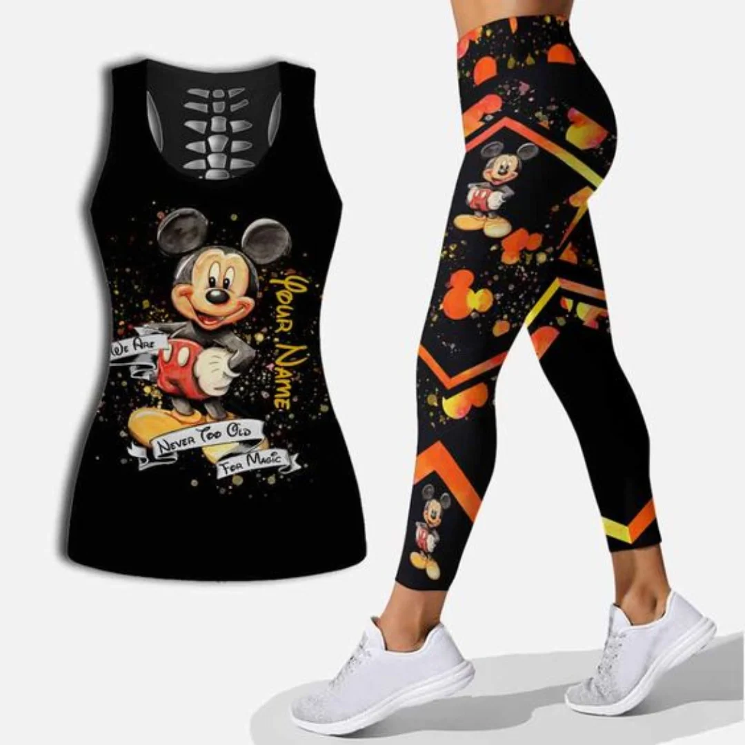 Mickey Mouse Women's Hollow Vest + Women's Leggings Yoga Suit Fitness  Leggings Sports Suit Disney Tank