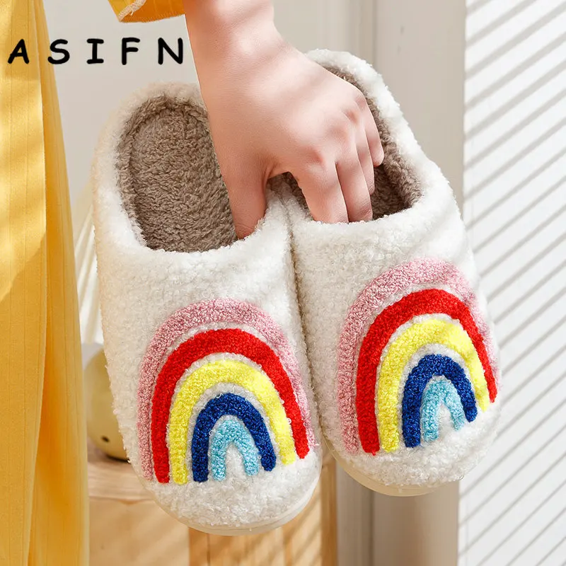 ASIFN Women's Rainbow Slippers Fluffy Cushion Slides Cute Womens Comfortable Houseshoes Good Vibes Winter Shoes