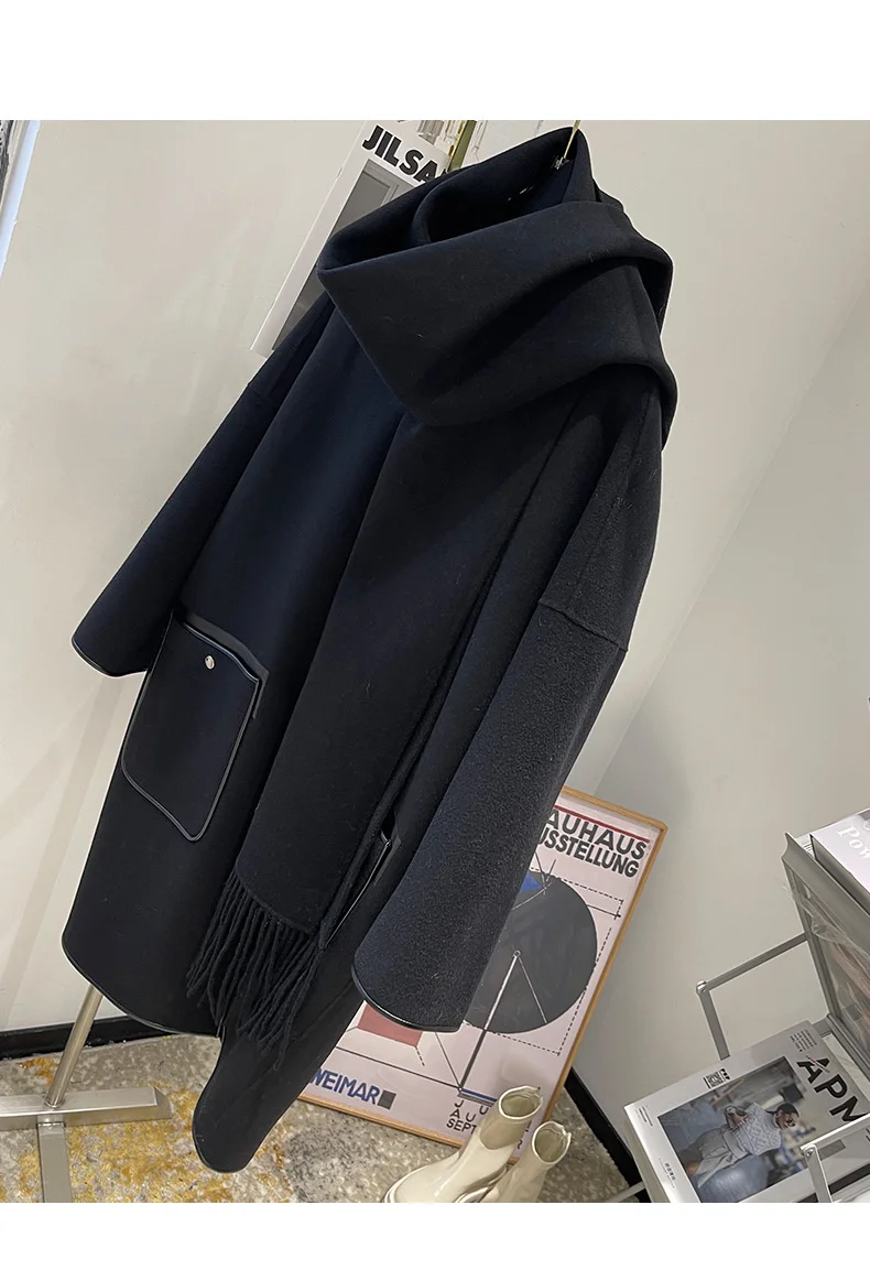 hooded puffer jacket "Anfiouna" 21 autumn and winter new sheepskin wrapped scarf design double-sided cashmere long tweed coat women hooded puffer jacket