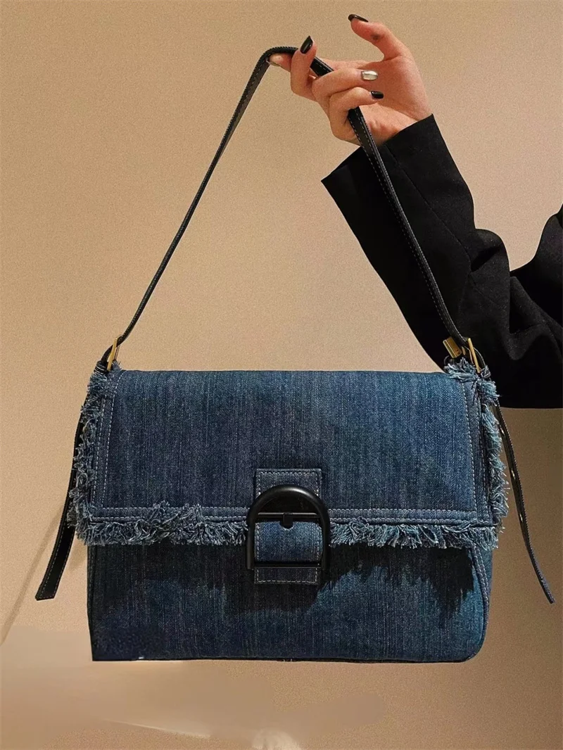 

Denim Canvas Totes Bag for Women 2023 New Fashion Design Vintage Casual Shoulder Bags Large Capacity Chain Strap Handbags Female