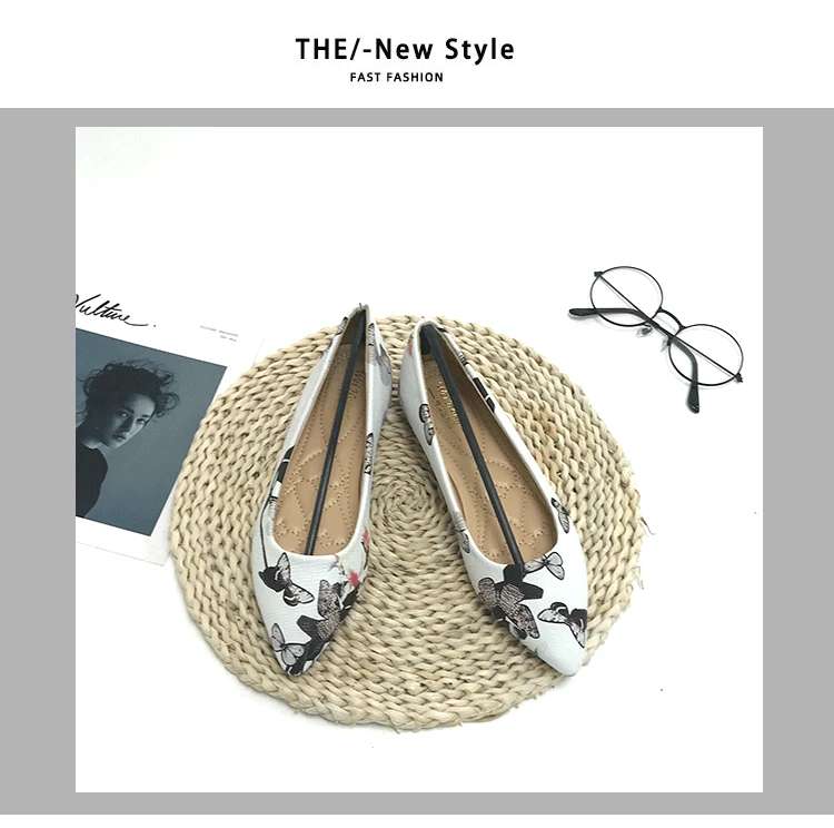 Flats for Women with Butterfly Flower Print Pointy Head Lady Casual Shoes Daily Loafers Slip on Zapatos De Mujer Lolita Shoes