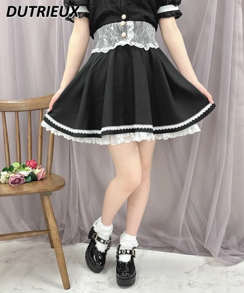 Japanese Single Summer New Student Strap Skirt Belt Lace Strap Bow Black Short Skirt Female Sweet Kawaii Mine Girls Mini Skirt