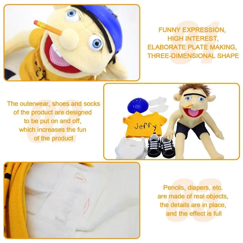 Jeff Mischievous Funny Puppets Toy With Working Mouth Jeffy Boy Hand Puppet  For Kid Gift For