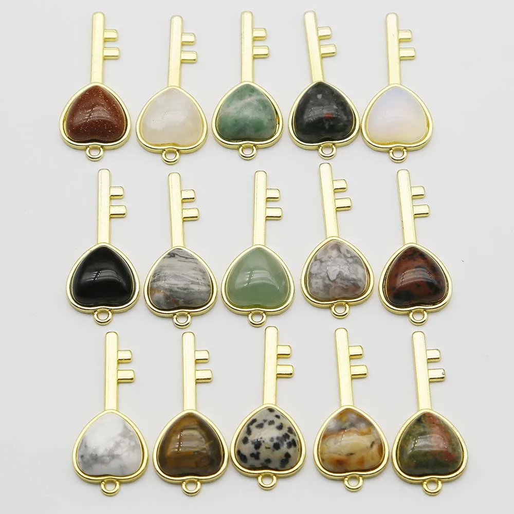 Natural Stone Heart Golden Key Pendant Exquisite Crystal Agates Necklace DIY Accessories Jewelry Making Wholesale Optional 12Pcs