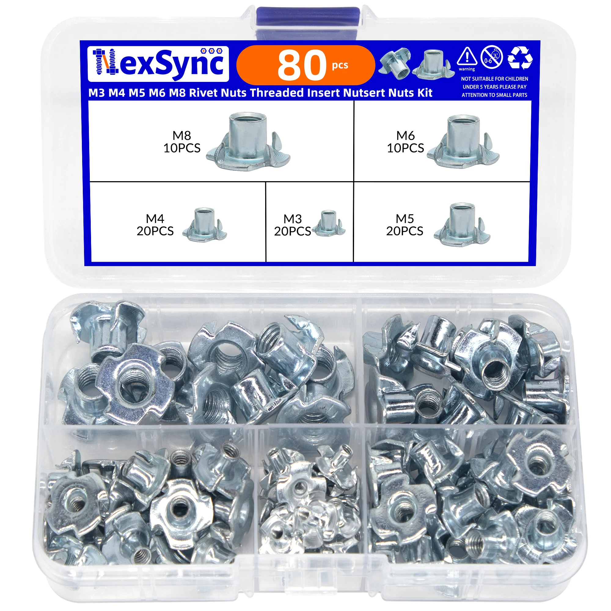 Galvanized Four-Claw Nuts 80Pcs M3 M4 M5 M6 M8 Carbon Steel Four-Point Impact For Wooden Furniture Maintenance