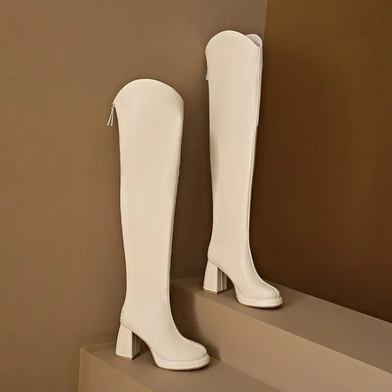 2024 Fashion Knee High Boots Women's Winter Boots New Thick High Heel Stretc Long Boots Slip On Autumn Shoes Woman Plus Size 43