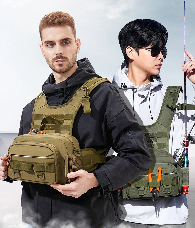 Description Picture 2 of itemMen Tactical Fishing Backpack with Rod Holders Lure Chest Bag Gear Storage Bag Molle Outdoor Hiking Fanny Pack Hunting Rig Pouch
