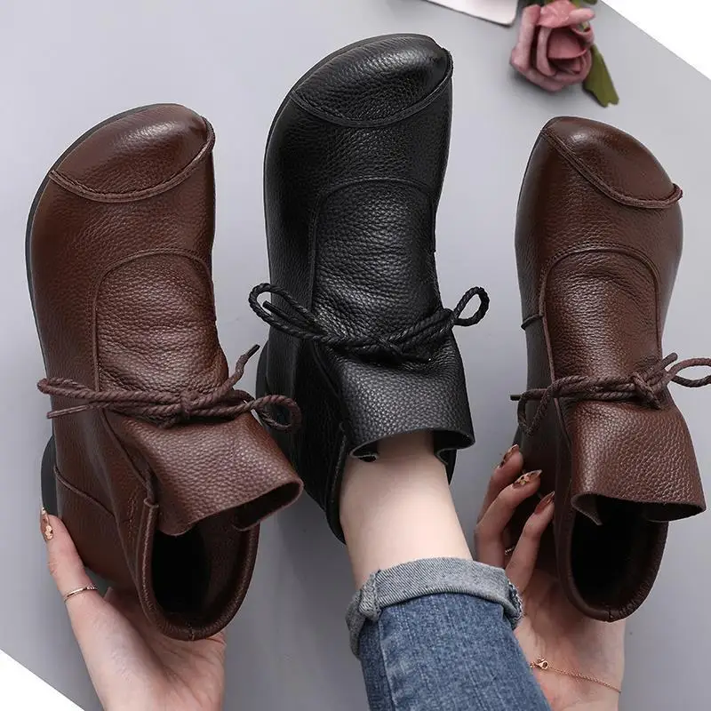 Botas de cuero suave cosidas a mano para mujer, botines cortos de tacón bajo, botas individuales suave - AliExpress