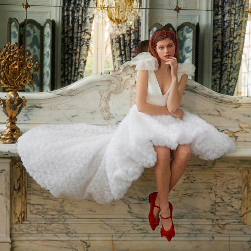 

Elegant V-Neck Wedding Dresses Graceful Backless Bridal Gowns 3D Floral Tulle Sleeveless Zipper With Train Robe De Mariee