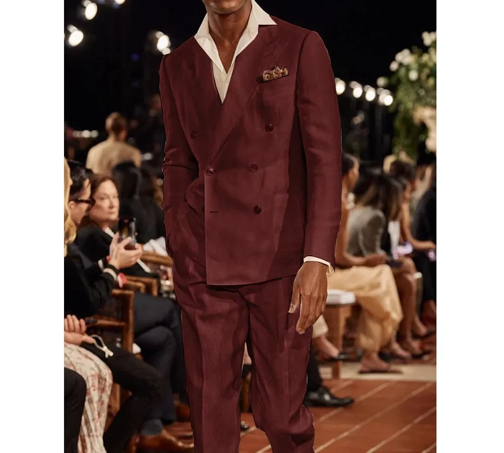 Summer Linen Double Breasted Men Suit Prom Party Slim Fit Blazer Hombre Stage Show High Quality Custom 2 Piece Set Costume Homme