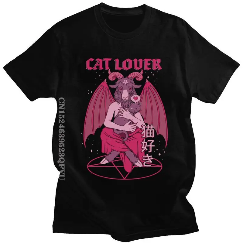 

Забавные футболки Baphomet с котом, влюбленным, злом, мужские хлопковые футболки, топы, светящийся демон, коза, зло, уличная одежда, мужская кавайная футболка, одежда