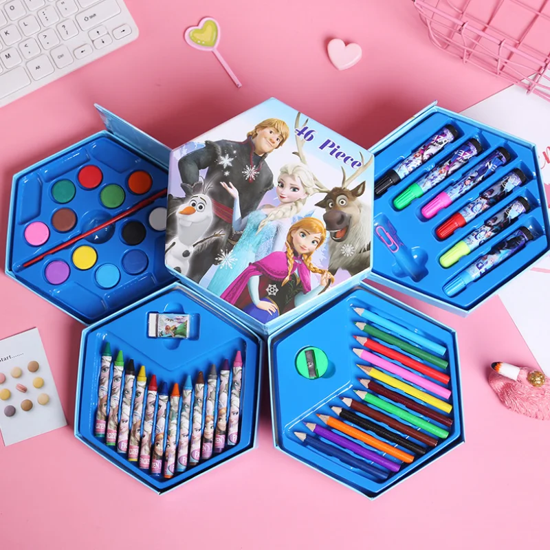 46pcs/set Disney carton Frozen cars Mickey Spider-Man princess Painting Set Watercolor Pen Combination Boys Girls Birthday Gift