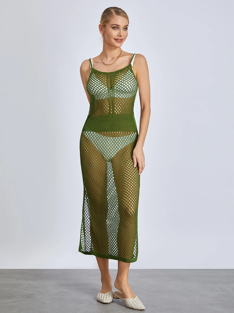 

Women's Crochet Bikini Cover Ups Spaghetti Strap Hollow Out Solid Color Cover Up Knit Midi Dress