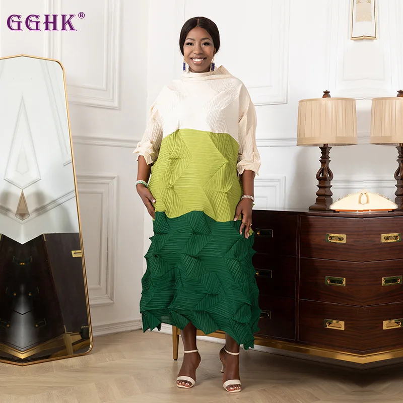 

GGHK Miyake High-quality Color Blocking Messy Pleated Big Size Dress 2023 New Thin Fashion Temperament Commuting