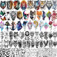66 Sheets 3D Watercolor Animals Owl Lion Temporary Tattoos For Women Men Adult, Black Wolf Tiger Fake Tattoo Sticker Snake Eagle