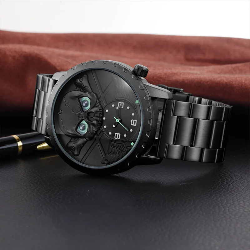 Skone brand skull small second disc quartz watch luminous second disc steel band men's watch pure black owl leisure watch