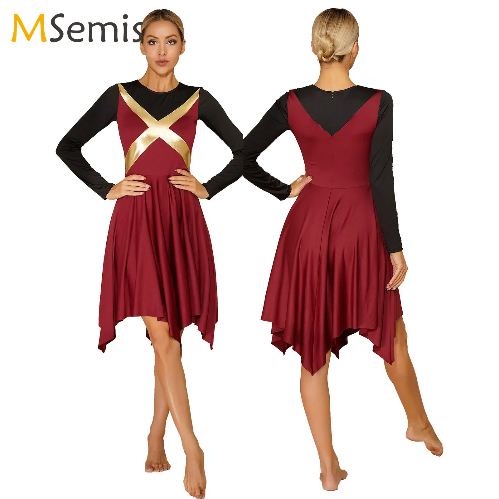 

Women Liturgical Dancewear Worship Costume ColorBlock Cross Patchwork Lyrical Contemporary Dress Long Sleeve Irregular Hem Dress