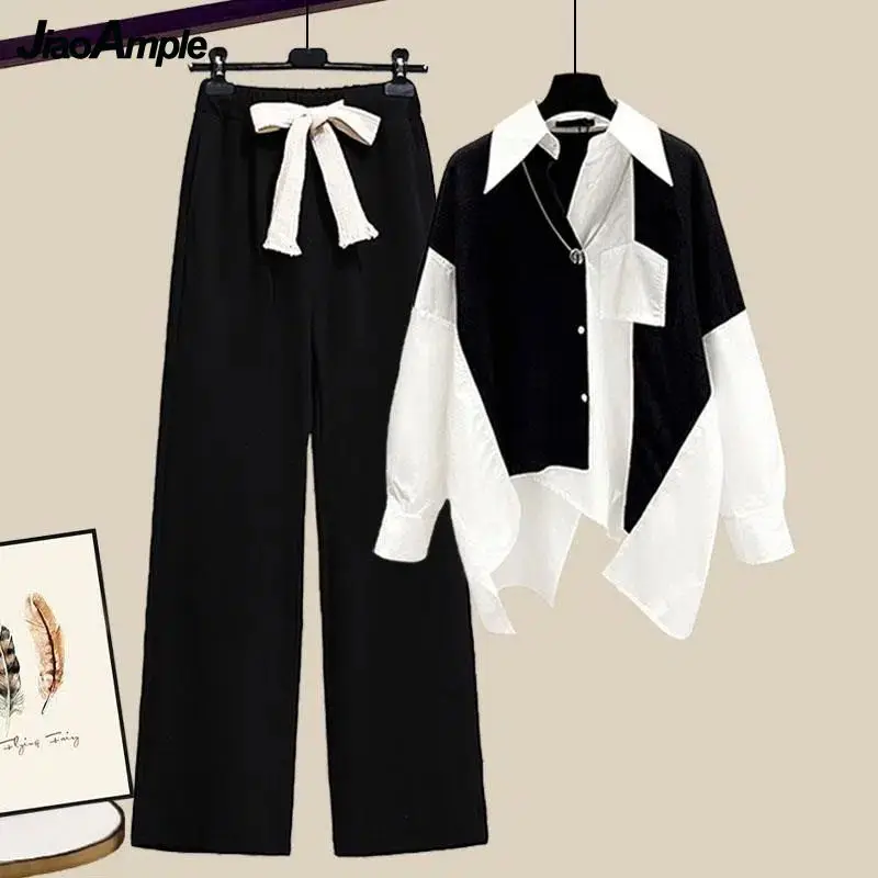 Women's Fashion Set 2024 Spring Autumn New Splicing Shirt+Elastic Waist Wide Leg Pants Two Piece Korean Chic Blouse Trouser Suit blouses lace splicing button hollow out cold shoulder blouse in white size l m s xl