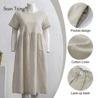Women Cotton Linen Midi Dresses Summer Chic Female Vestidos Loose Soild A-Line Boho Dress Short Puffy Sleeve Casual Sundress New - Image 5