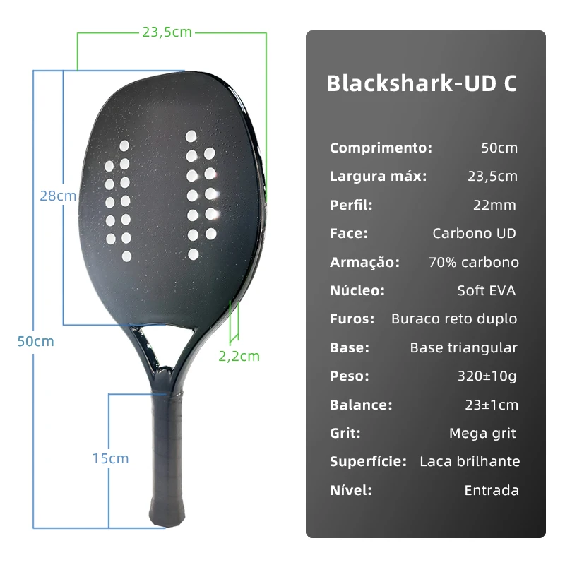 HOOWAN BLACKSHARK Beach Tennis Racket Carbon UD Graphite Rough Surface Soft White EVA Core Racket Beach Tennis 22MM tennis racket