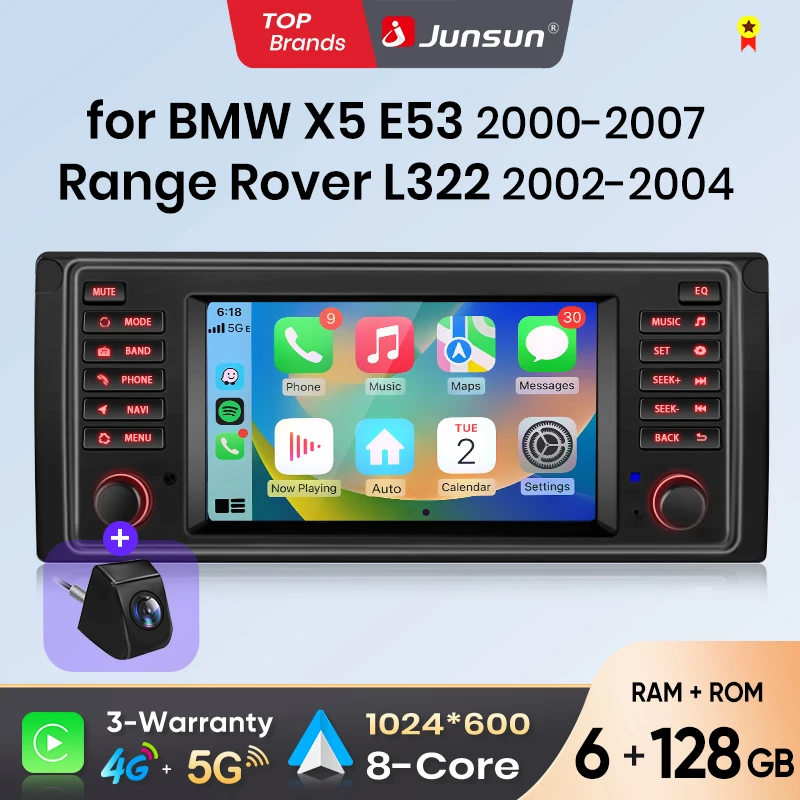 Radio para Auto Junsun de 7 Pulgadas con CarPlay Inalámbrico y Android Auto para BMW Serie 5 E39 X5 E53 M5 1996-2003, Sistema Multimedia Inteligente con Apple CarPlay Inalámbrico, Pantalla Táctil IPS, Reproductor de Video Estéreo, Unidad Principal de Auto Radio 2 Din, Navegación, BT, GPS, 4G, WIFI, FM, AM, RDS, SWC 1