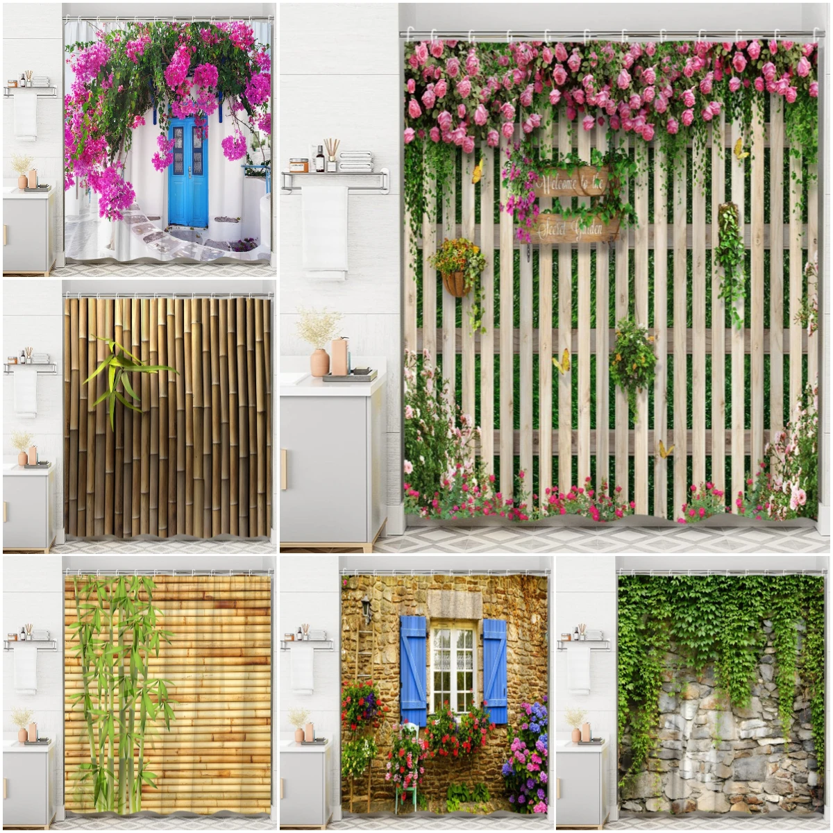 Flower Wall Shower Curtain, Street View Spring Greenery Vines Bamboo Farm Brick Wall Home Bathroom Decor with Hooks