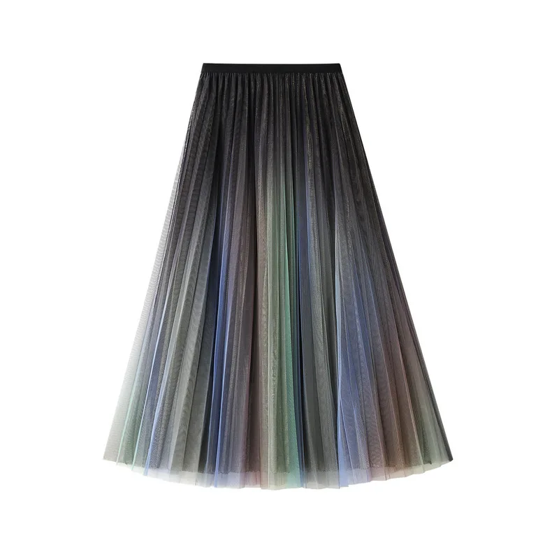 New In Women's High Waist Mesh Gradient Color Mid Long Skirt Female Spring Summer Korean Sweet Style Elegant Tulle Skirts 3