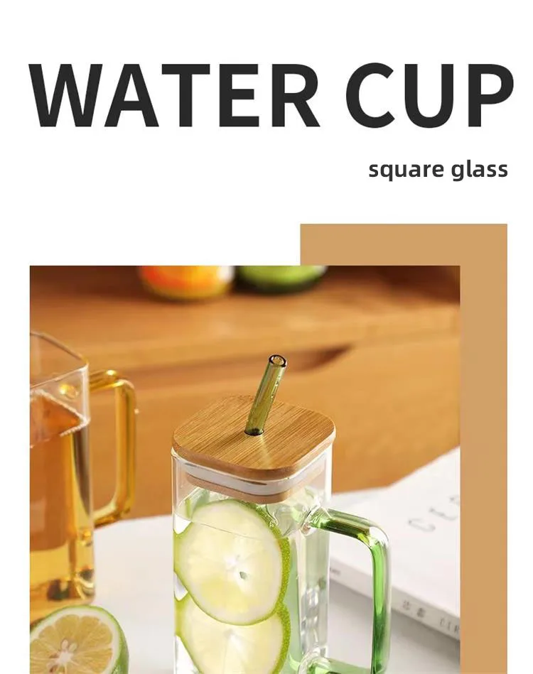 Description Picture 2 of item400ml Square Glass Mug With Lid and Straw Breakfast Milk Cup Microwave Safe Transparent Party Beer Coffee Mug Drinkware Glass