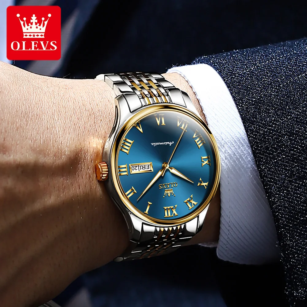 OLEVS Fashion Blue Mechanical Watch for Men Stainless Steel Waterproof Business Mens Watches Top Brand Luxury Relogio Masculino