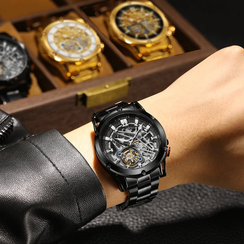 Orologio da uomo di lusso di alta qualità WINNER, grande, in acciaio inossidabile, con scheletro, tourbillon, movimento automatico, orologio meccanico militare maschile_voghion.com