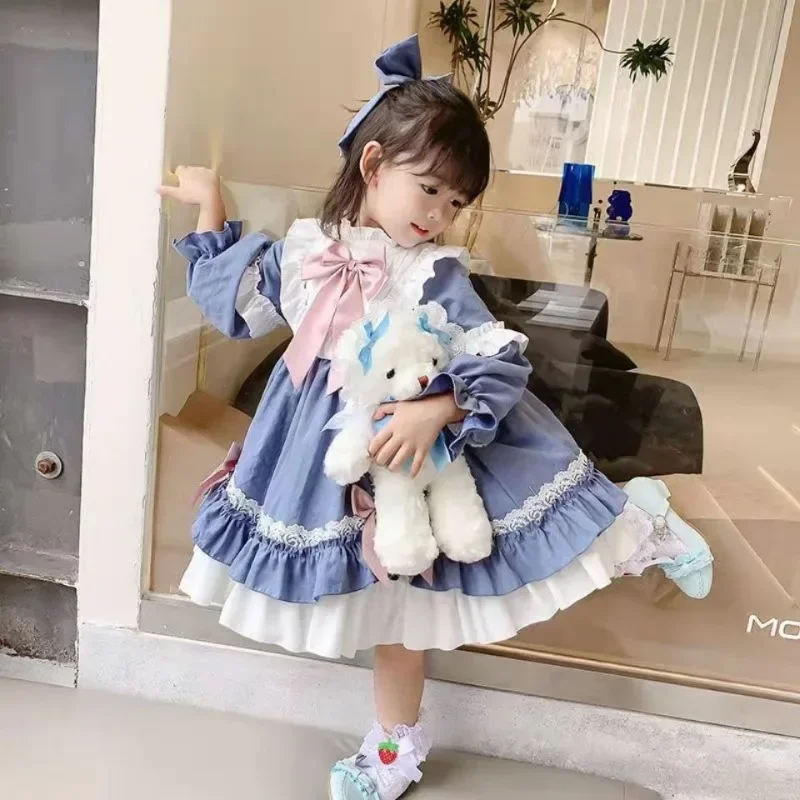 Winter cute children's birthday princess dress for girls sweet blue bow ruffle children's long sleeve lolita dress 2-7 years old