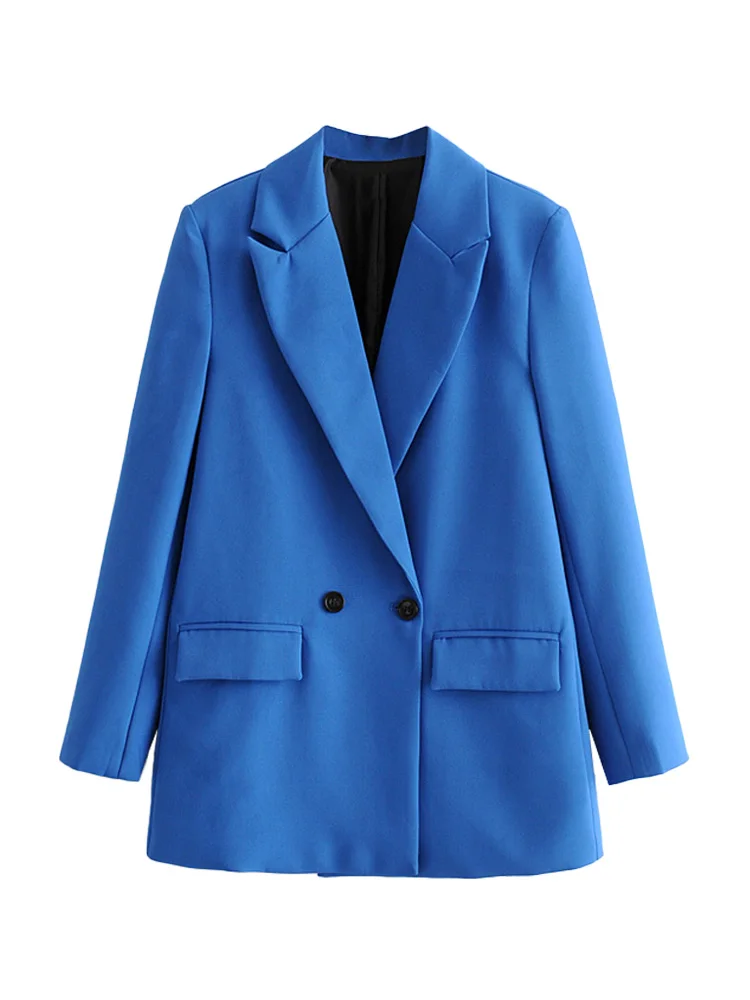 Women Chic Office Lady Double Breasted Blazer Vintage Coat Fashion Notched Collar Long Sleeve Ladies Outerwear Stylish Tops