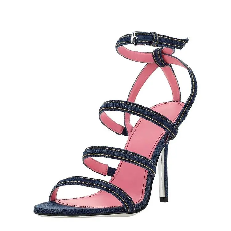 

2024Women's Fashion Trend High Heels Sandalias Blue Denim Open Round Toe Ankle Strap Heeled Sandals with Front Ties Dress Shoes