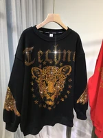 Add 300 pounds fat people wear rhinestone diamond round neck women's sweatshirt spring and autumn fashion leopard pattern shirt