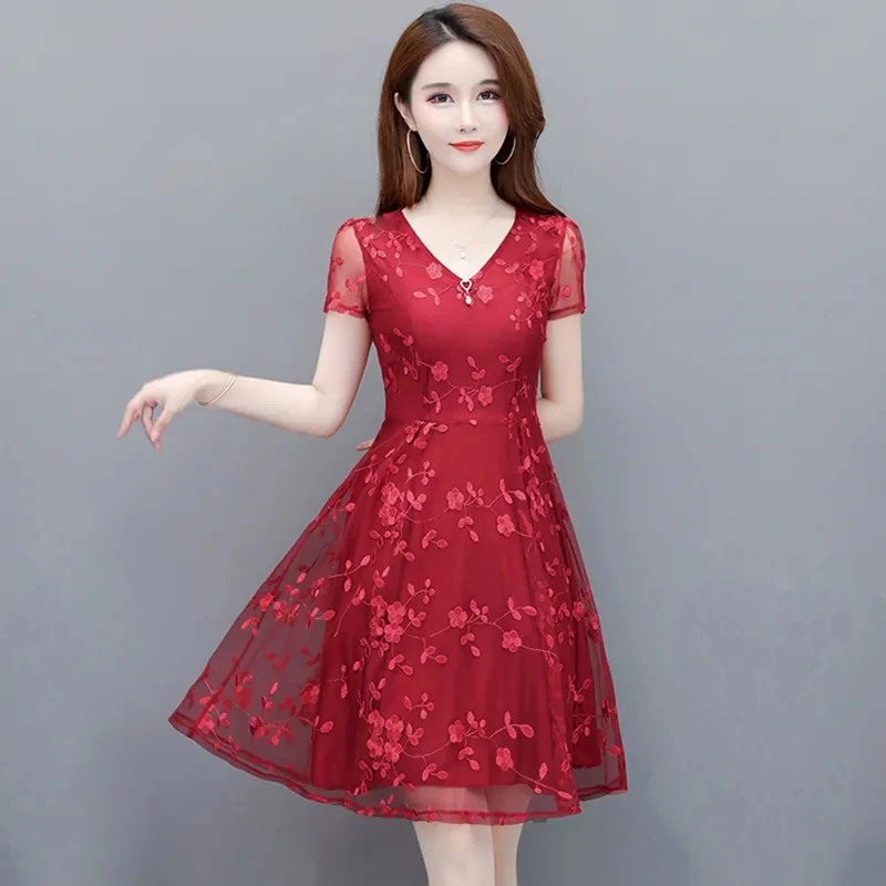 

Evening Party Elegant Dresses Luxury 2024 Women Summer V-Neck Short Sleeve Floral Mesh Embroidered Vintage Long Dress Vestidos