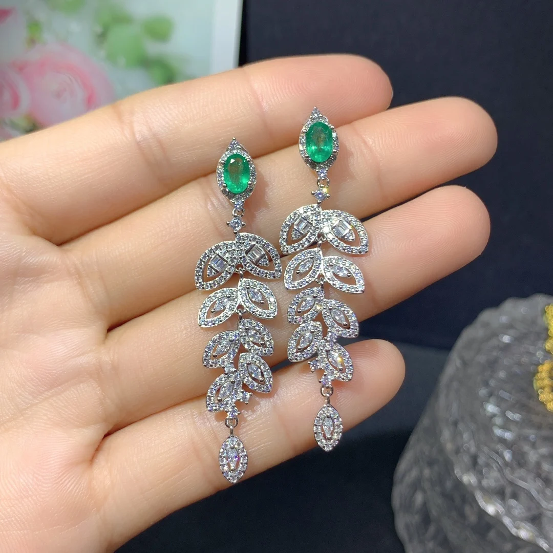 

Color Good Sterling Silver 925 Natural Emerald Luxury Women's Earrings Luxury Gift Wedding free shipping boutique jewelry