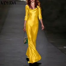 

VONDA Women Stain Slik Dress Ladies Solid Half Sleeve Cocktail Pleated Dresses Ladies A-Lined Vestidos Beach Sundress 2022