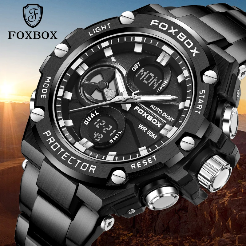 FOXBOX Top Brand Luxury Digital Sport Watch For Men Steel Waterproof Chronograph Clock Fashion Luminous Quartz Wrist watches Man