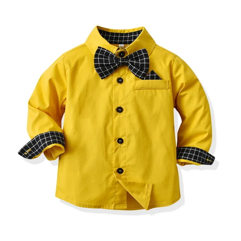New Spring Boy 2pcs Sets Long Sleeves BowTie Golden Yellow Shirts+Striped Sling Pants British Gentleman Child Clothes E1704