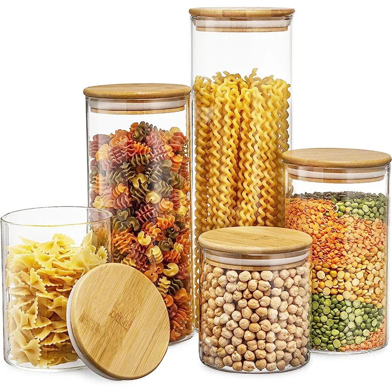 Barattoli di vetro da 5 pezzi con coperchio ermetico bottiglie per la conservazione della cucina barattoli contenori sigillati vasi per alimenti per cereali, zucchero, caffè, tè  15