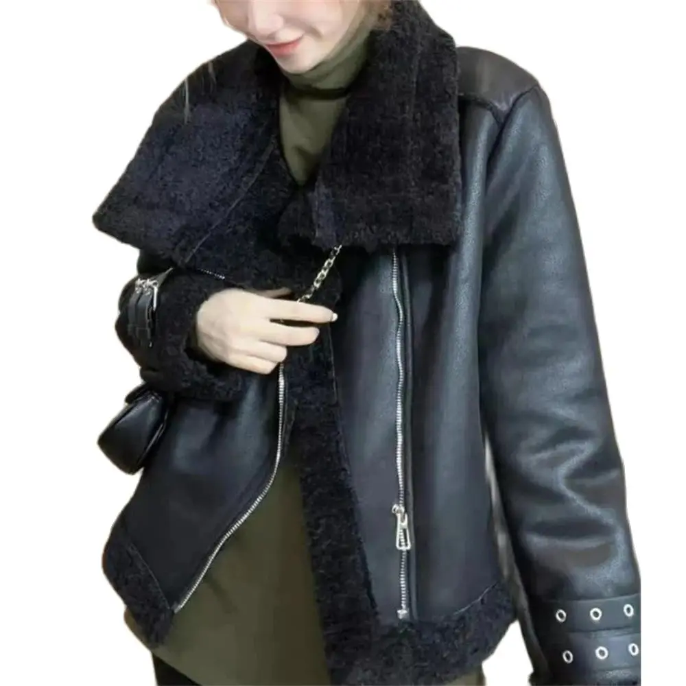 

Fashion Lapel Lamb Wool Leather Jacket Women 2024 Winter Long Sleeve Zipper Thickened Coat Casual Chic Female Warm Outerwear