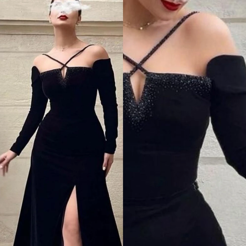 

Prom Dresses with Slit Simple Off the Shoulder Empire Pageant Dress Floor Length Cross Long Sleeve Taffeta Formal Evening Gowns