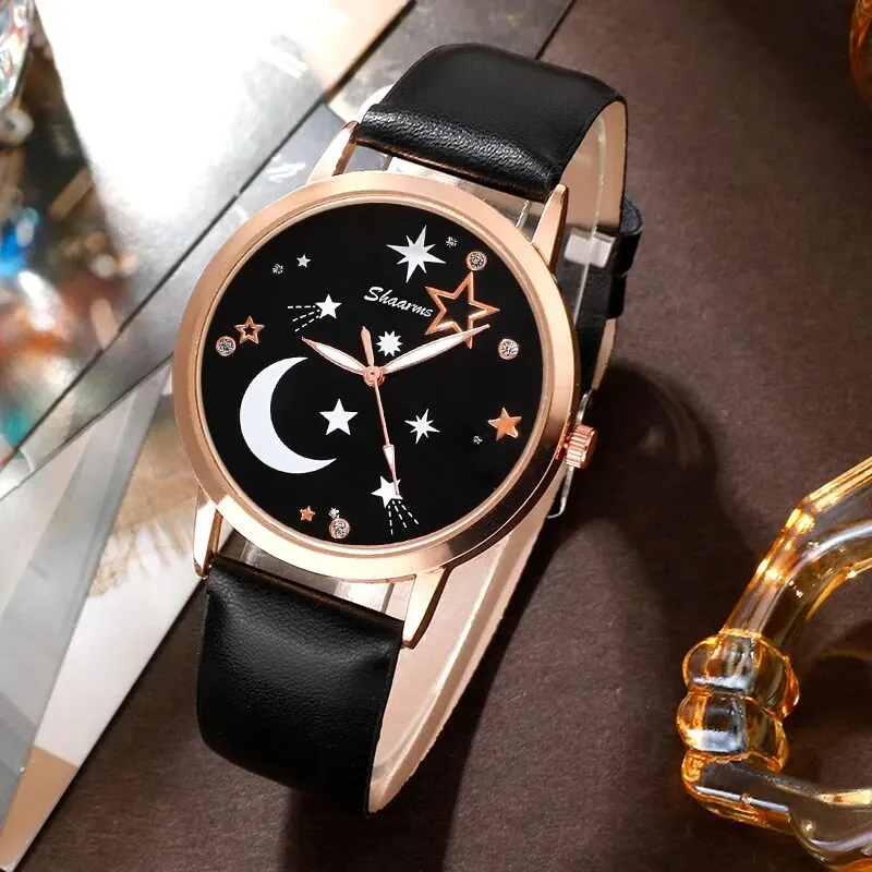 Women Watches Fashion Star Moon Round Dial Design Casual Simple Wrist Luxury Bracelet Clock Gifts