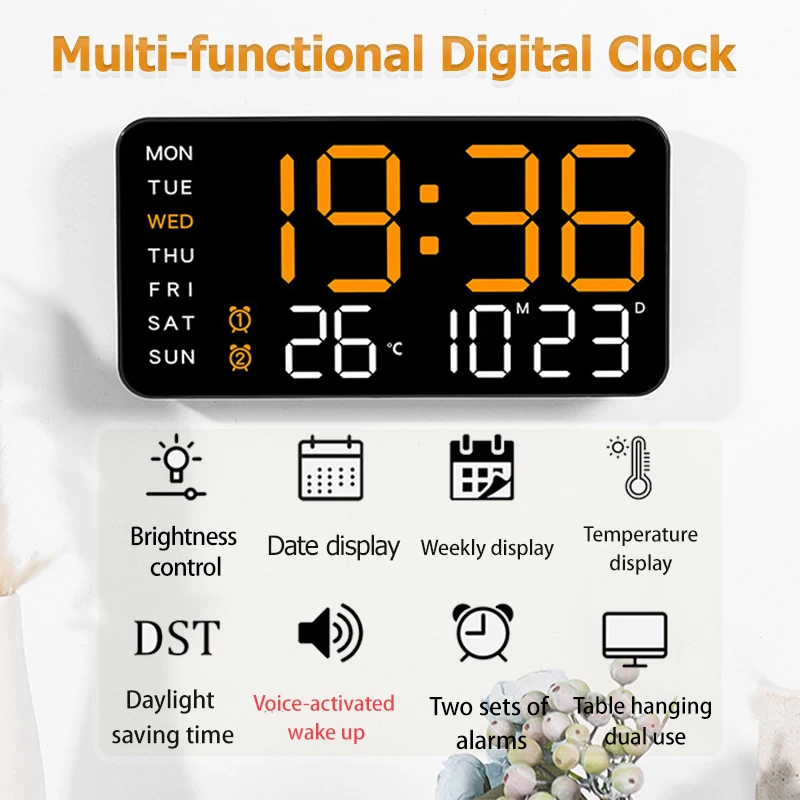 Multifunctional Digital Clock Voice-Activated Wake Up Dual Alarm Clock Display Hanging/Table Clock with DST Bedroom Wall Clock